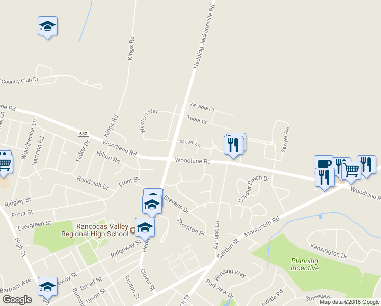 map of restaurants, bars, coffee shops, grocery stores, and more near 15 Amy Court in Mount Holly