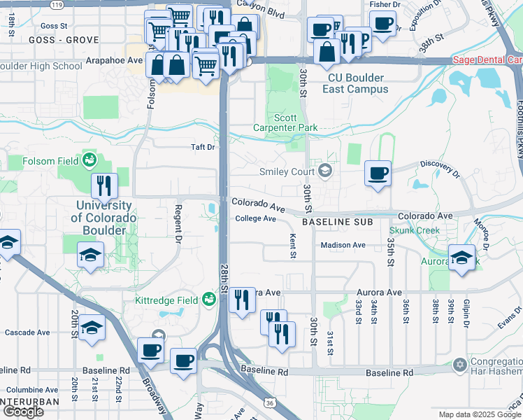 map of restaurants, bars, coffee shops, grocery stores, and more near 2920 Pennsylvania Avenue in Boulder