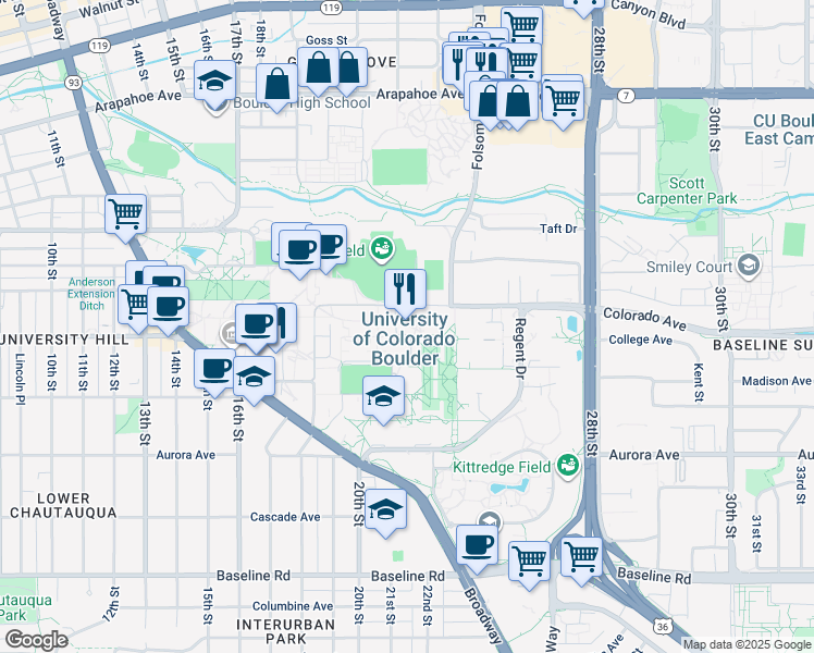 map of restaurants, bars, coffee shops, grocery stores, and more near in Boulder