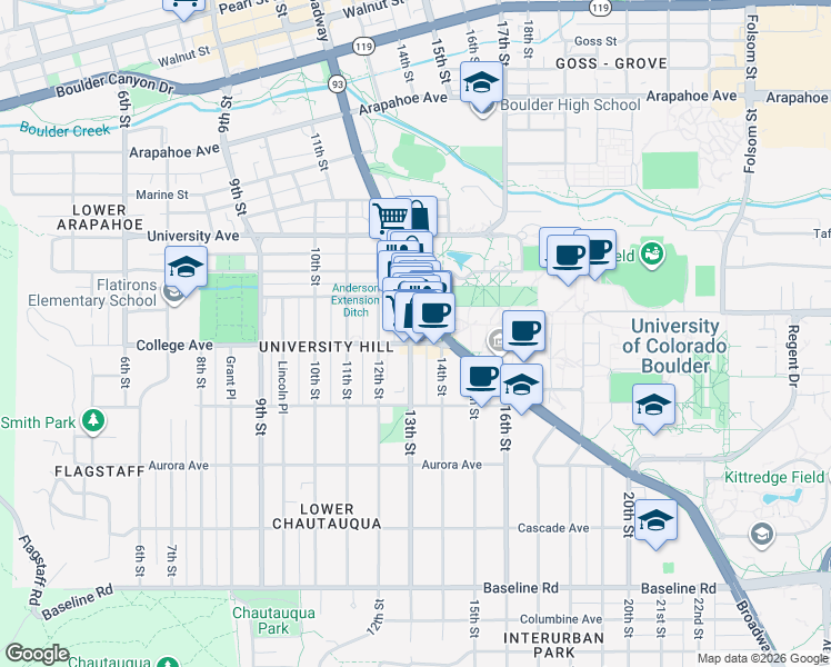 map of restaurants, bars, coffee shops, grocery stores, and more near 1130 13th Street in Boulder