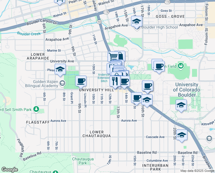 map of restaurants, bars, coffee shops, grocery stores, and more near 1139 12th Street in Boulder