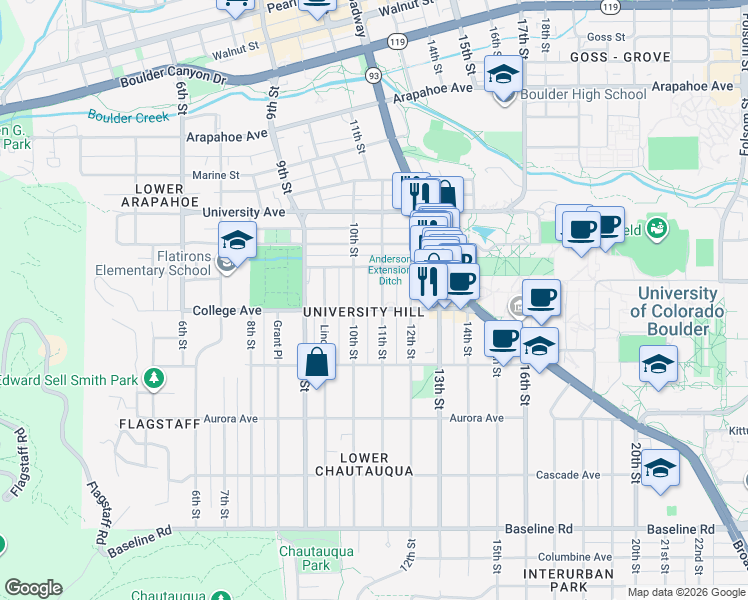 map of restaurants, bars, coffee shops, grocery stores, and more near 1131-1133 11th Street in Boulder