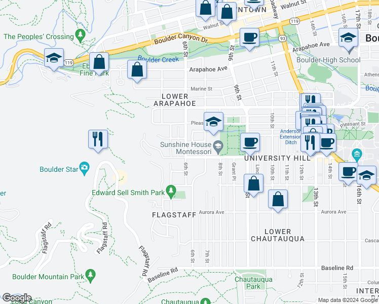 map of restaurants, bars, coffee shops, grocery stores, and more near 630 Pennsylvania Avenue in Boulder