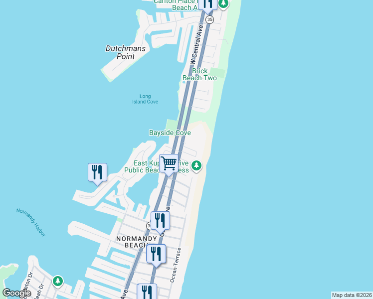 map of restaurants, bars, coffee shops, grocery stores, and more near 447 New Jersey 35 in Mantoloking