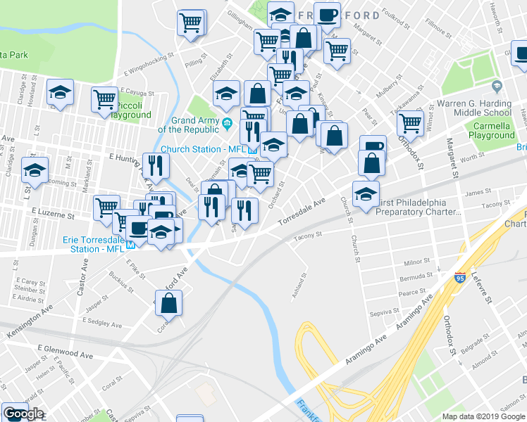 map of restaurants, bars, coffee shops, grocery stores, and more near 4171 Paul Street in Philadelphia