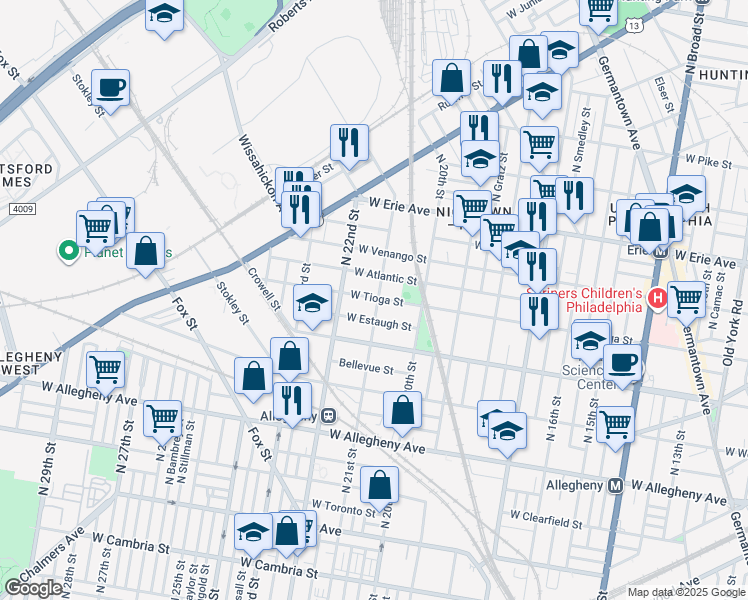 map of restaurants, bars, coffee shops, grocery stores, and more near 2103 West Tioga Street in Philadelphia