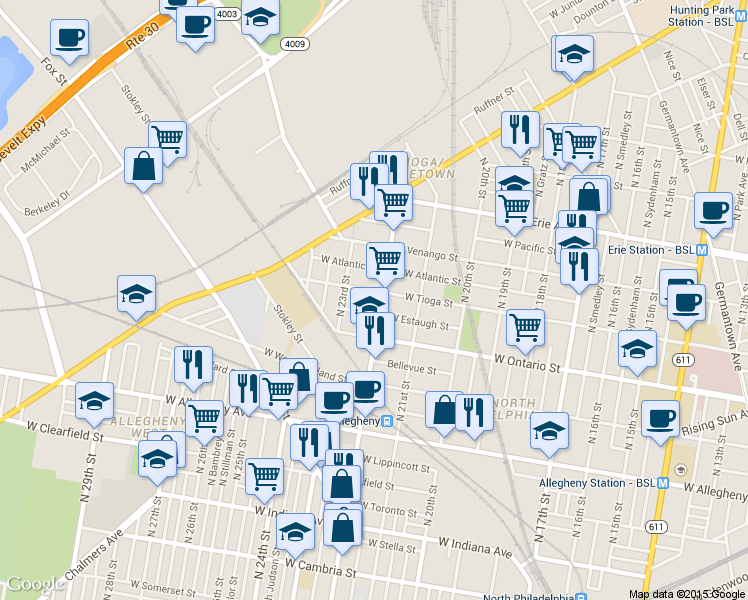 map of restaurants, bars, coffee shops, grocery stores, and more near in Philadelphia