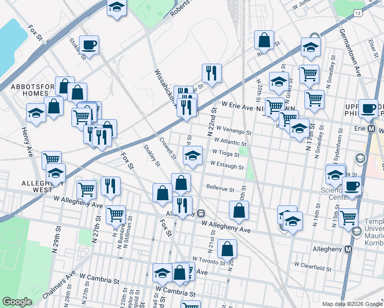map of restaurants, bars, coffee shops, grocery stores, and more near 3452 North 23rd Street in Philadelphia