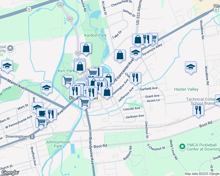 map of restaurants, bars, coffee shops, grocery stores, and more near 320 East Lancaster Avenue in Downingtown