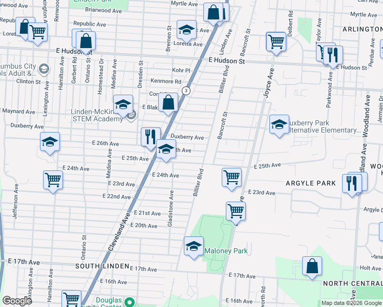 map of restaurants, bars, coffee shops, grocery stores, and more near 1524 East 26th Avenue in Columbus