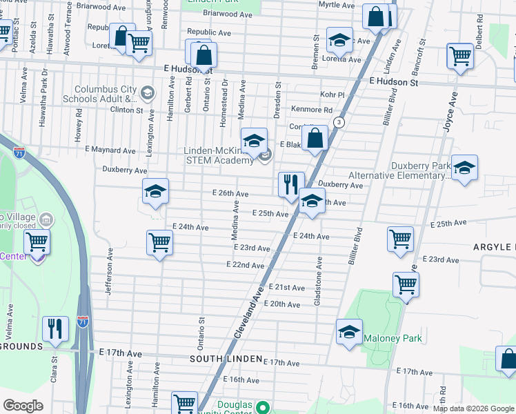 map of restaurants, bars, coffee shops, grocery stores, and more near 1311 East 26th Avenue in Columbus