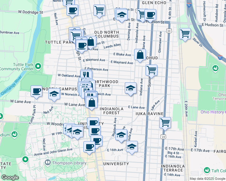 map of restaurants, bars, coffee shops, grocery stores, and more near 149 East Northwood Avenue in Columbus