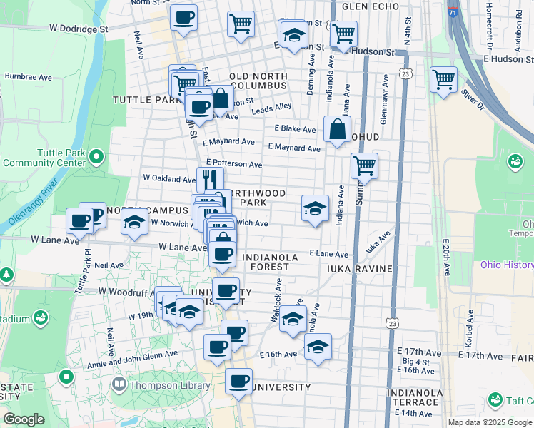 map of restaurants, bars, coffee shops, grocery stores, and more near 149 East Northwood Avenue in Columbus