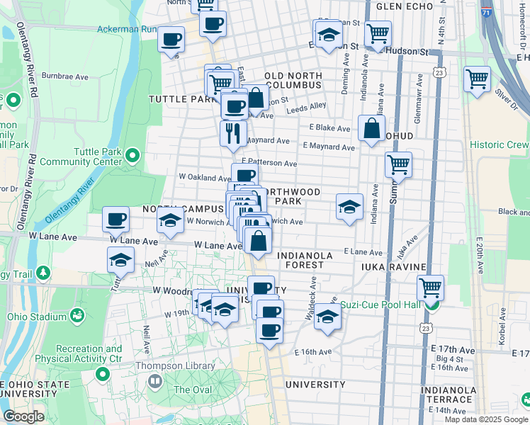 map of restaurants, bars, coffee shops, grocery stores, and more near 39 East Northwood Avenue in Columbus