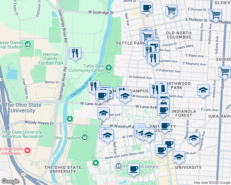 map of restaurants, bars, coffee shops, grocery stores, and more near 232 Turpie Street in Columbus