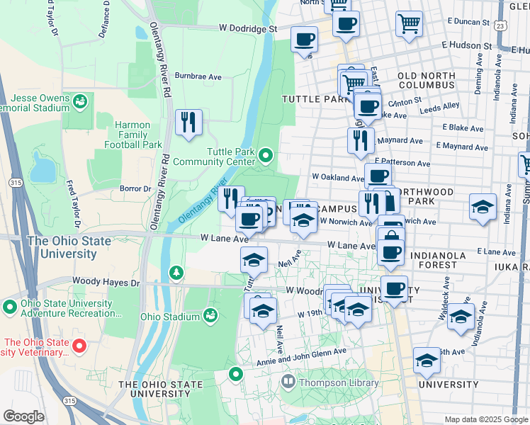 map of restaurants, bars, coffee shops, grocery stores, and more near 232 Turpie Street in Columbus