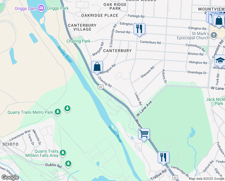 map of restaurants, bars, coffee shops, grocery stores, and more near 2642 Charing Road in Columbus