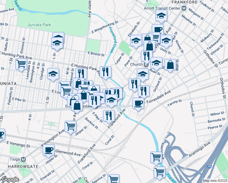 map of restaurants, bars, coffee shops, grocery stores, and more near 4030 Kensington Avenue in Philadelphia