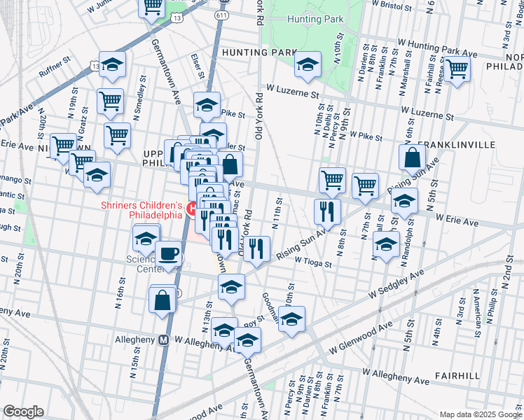 map of restaurants, bars, coffee shops, grocery stores, and more near 3620 North Marvine Street in Philadelphia