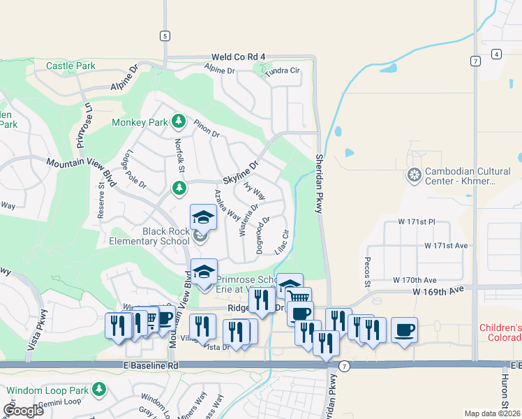 map of restaurants, bars, coffee shops, grocery stores, and more near 2459 Ivy Way in Erie
