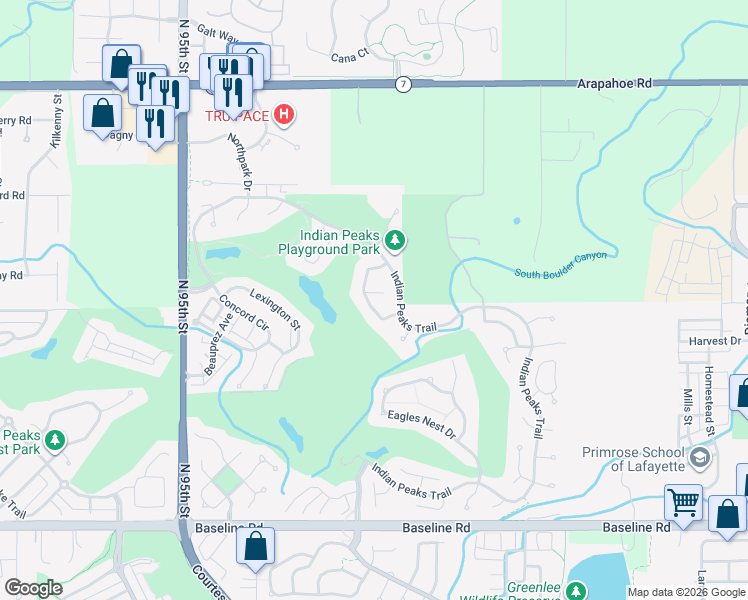 map of restaurants, bars, coffee shops, grocery stores, and more near 2439 Targhee Point in Lafayette