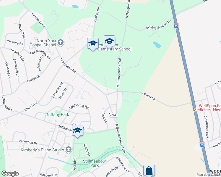 map of restaurants, bars, coffee shops, grocery stores, and more near 2800 North Susquehanna Trail in York