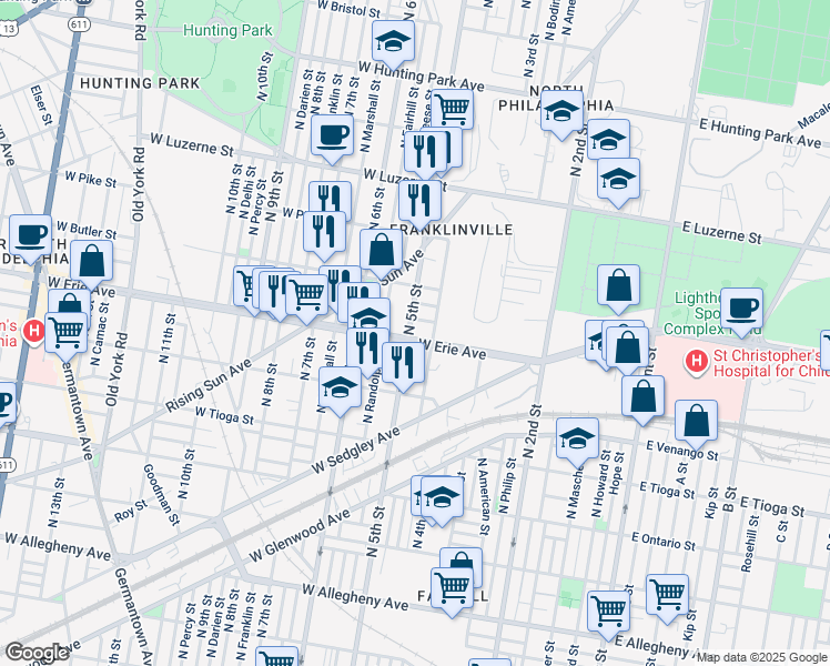 map of restaurants, bars, coffee shops, grocery stores, and more near 3703 North 5th Street in Philadelphia
