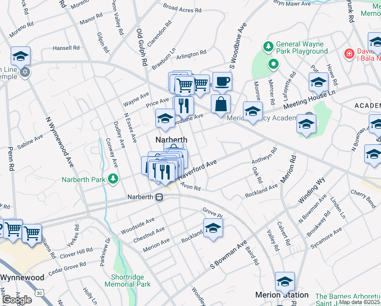 map of restaurants, bars, coffee shops, grocery stores, and more near 323 Windsor Avenue in Narberth