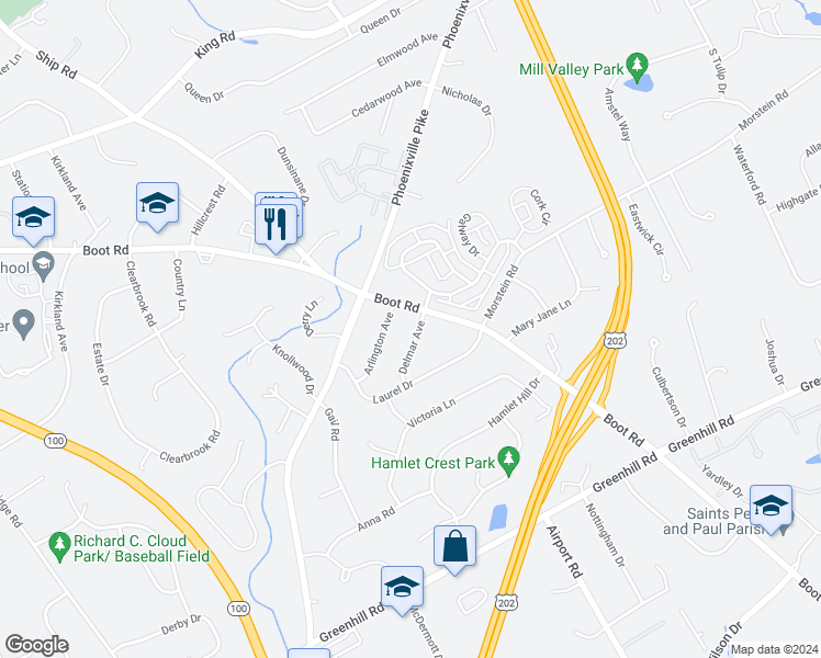 map of restaurants, bars, coffee shops, grocery stores, and more near 1270 Delmar Avenue in West Chester
