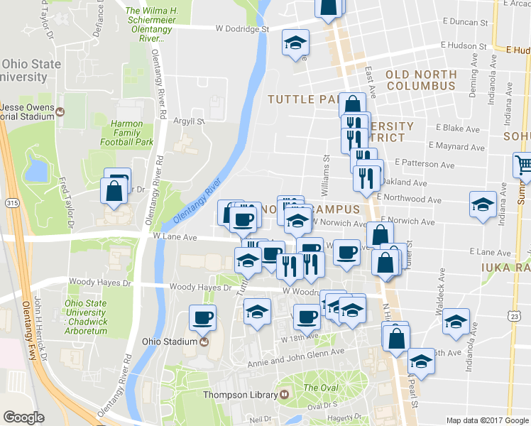 map of restaurants, bars, coffee shops, grocery stores, and more near 236 West Norwich Avenue in Columbus