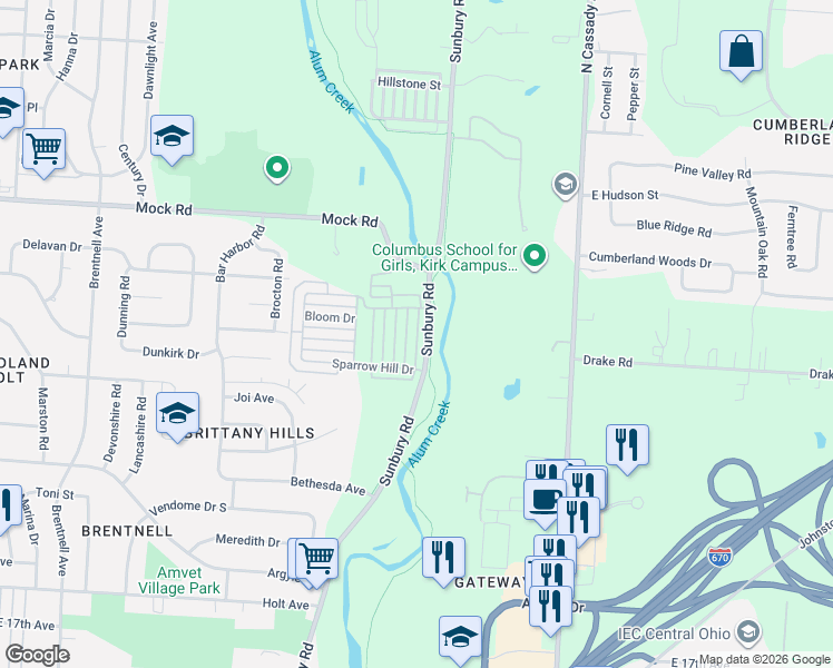 map of restaurants, bars, coffee shops, grocery stores, and more near 1855 Sunbury Road in Columbus