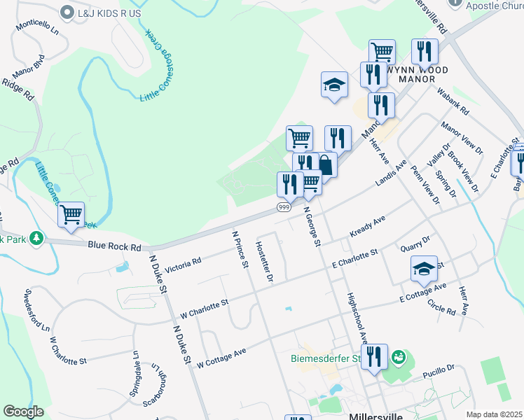 map of restaurants, bars, coffee shops, grocery stores, and more near 57 Blue Rock Road in Millersville