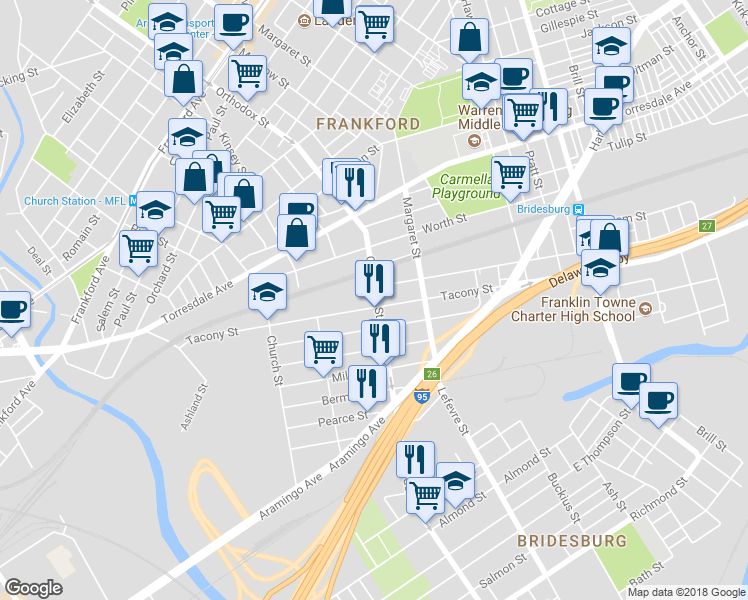 map of restaurants, bars, coffee shops, grocery stores, and more near 2236 Orthodox Street in Philadelphia