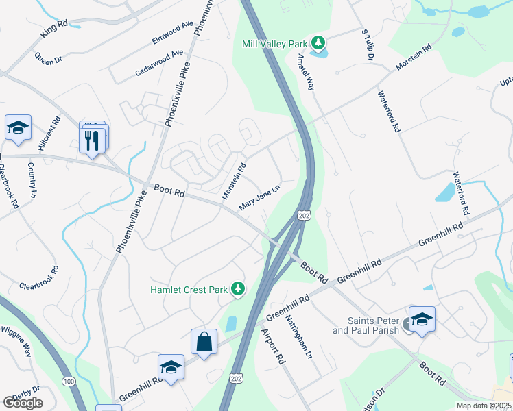 map of restaurants, bars, coffee shops, grocery stores, and more near 1304 Mary Jane Lane in West Chester