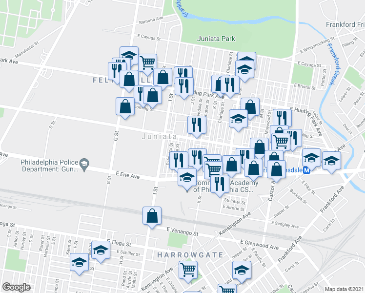 map of restaurants, bars, coffee shops, grocery stores, and more near 3932 J Street in Philadelphia