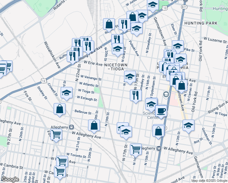 map of restaurants, bars, coffee shops, grocery stores, and more near 3521 North 19th Street in Philadelphia