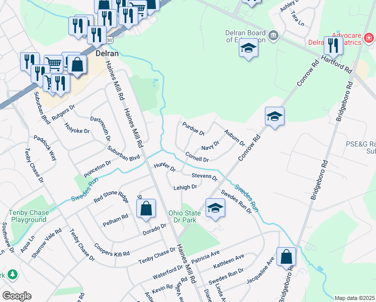 map of restaurants, bars, coffee shops, grocery stores, and more near 31 Cornell Drive in Delran
