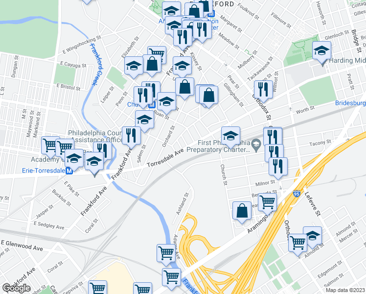 map of restaurants, bars, coffee shops, grocery stores, and more near 1933 Auth Street in Philadelphia