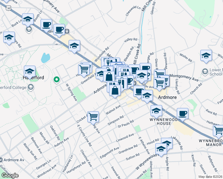 map of restaurants, bars, coffee shops, grocery stores, and more near 35 Ardmore Avenue in Ardmore