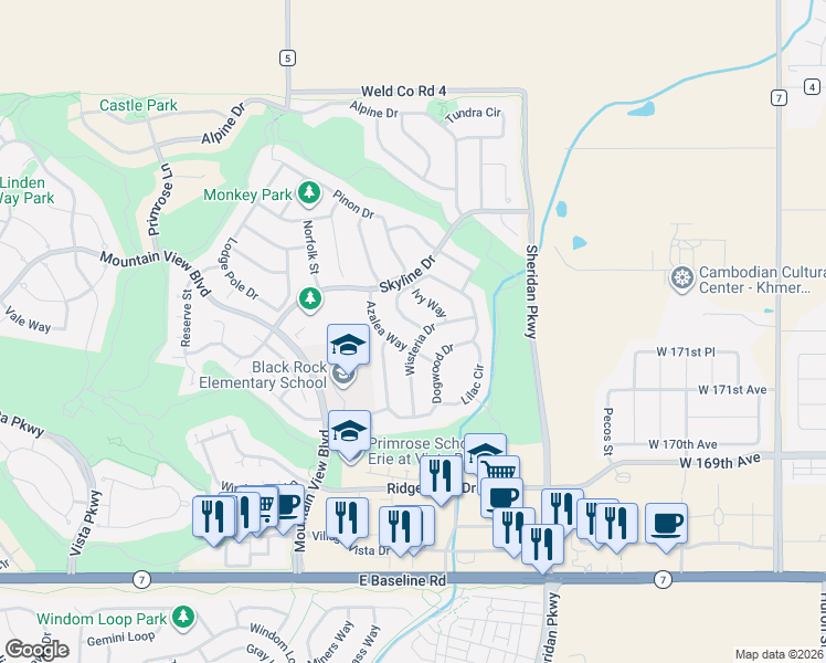 map of restaurants, bars, coffee shops, grocery stores, and more near 2278 Dogwood Circle in Erie