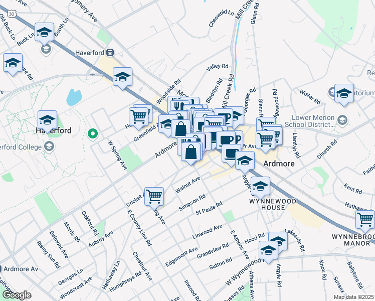 map of restaurants, bars, coffee shops, grocery stores, and more near 21 West Athens Avenue in Ardmore