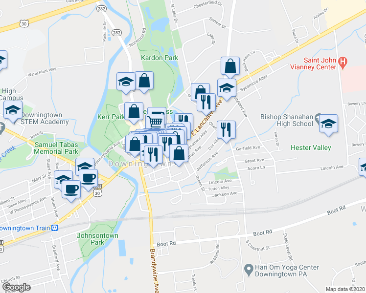 map of restaurants, bars, coffee shops, grocery stores, and more near 304 East Lancaster Avenue in Downingtown