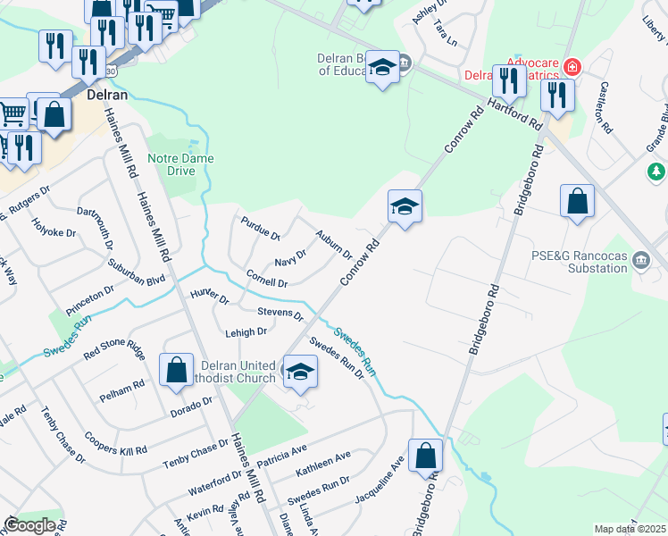 map of restaurants, bars, coffee shops, grocery stores, and more near 61 Cornell Drive in Delran