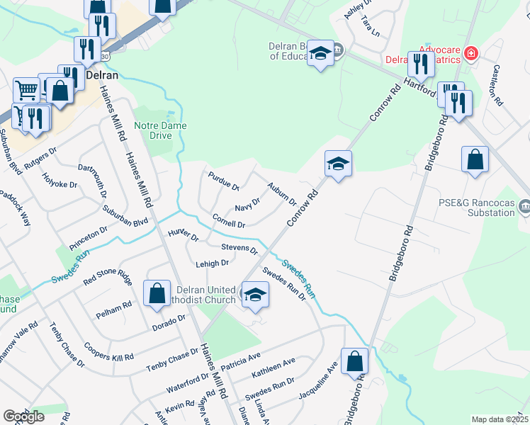 map of restaurants, bars, coffee shops, grocery stores, and more near 57 Cornell Drive in Delran