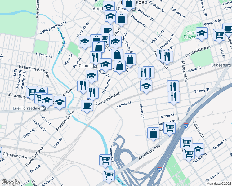 map of restaurants, bars, coffee shops, grocery stores, and more near 1933 Auth Street in Philadelphia