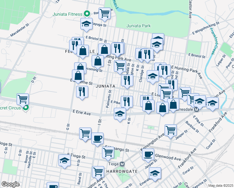 map of restaurants, bars, coffee shops, grocery stores, and more near 3932 J Street in Philadelphia