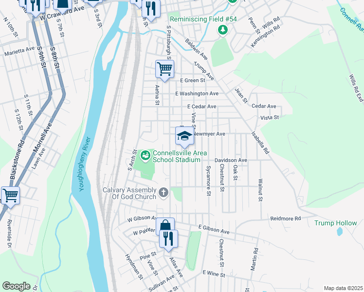 map of restaurants, bars, coffee shops, grocery stores, and more near 1135 Race Street in Connellsville