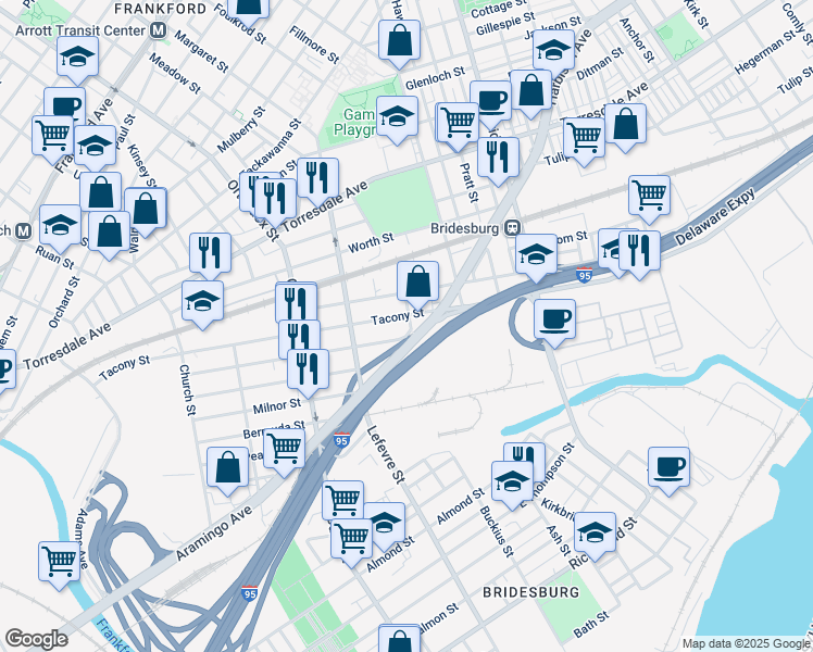 map of restaurants, bars, coffee shops, grocery stores, and more near 2366 Buckius Street in Philadelphia