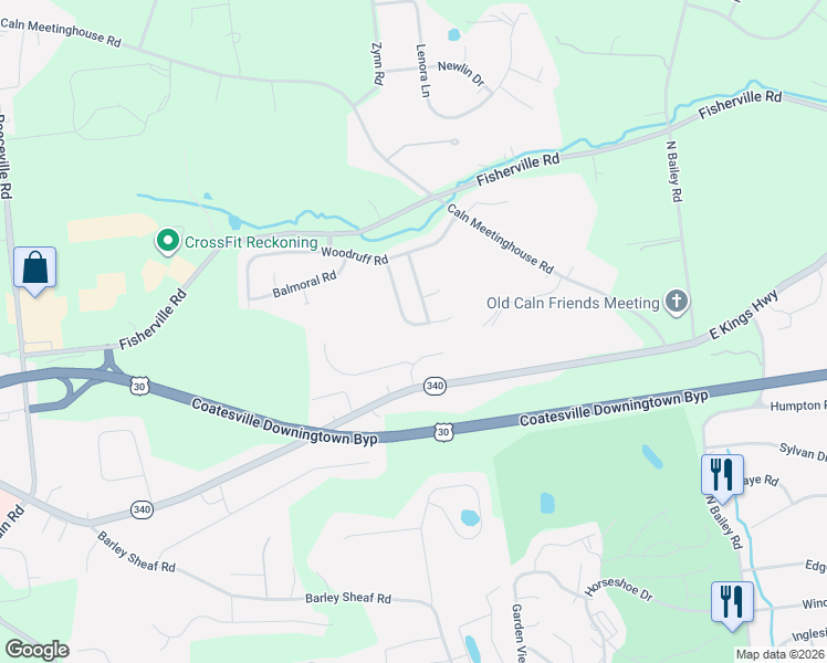 map of restaurants, bars, coffee shops, grocery stores, and more near 1240 Devonshire Road in Coatesville