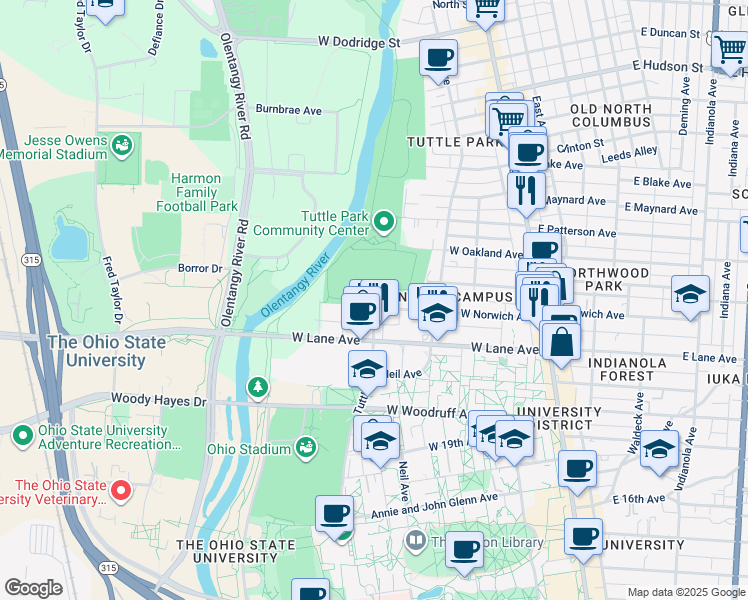 map of restaurants, bars, coffee shops, grocery stores, and more near 262 West Norwich Avenue in Columbus
